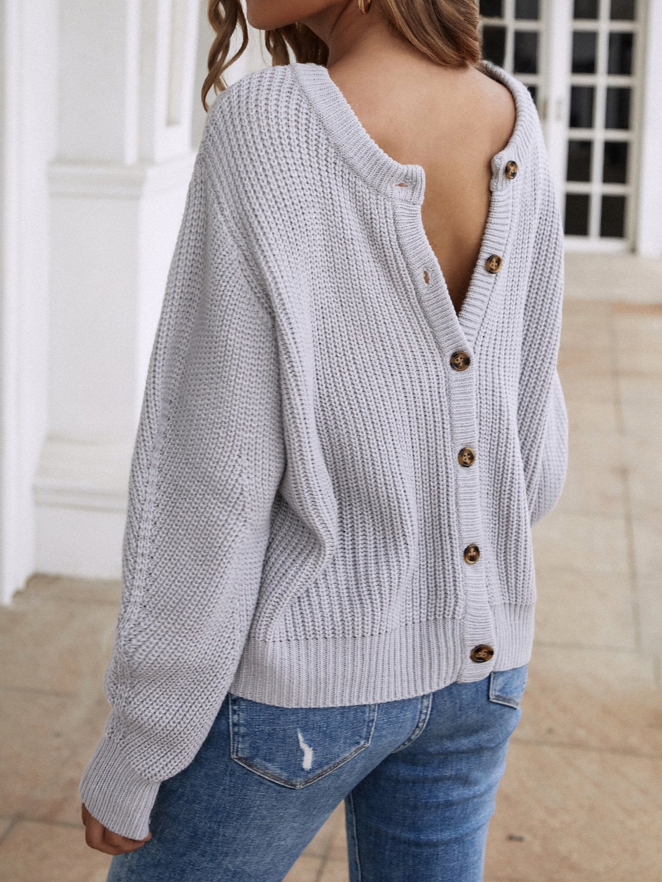 Button Down Rib-Knit Reversible Sweater BLUE ZONE PLANET