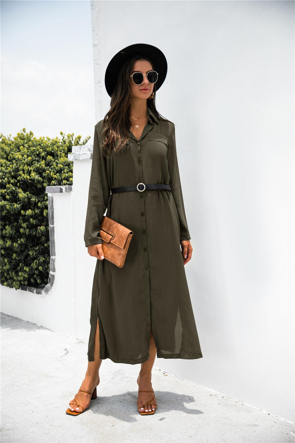 Button Down Side Slit Shirt Midi Dress BLUE ZONE PLANET