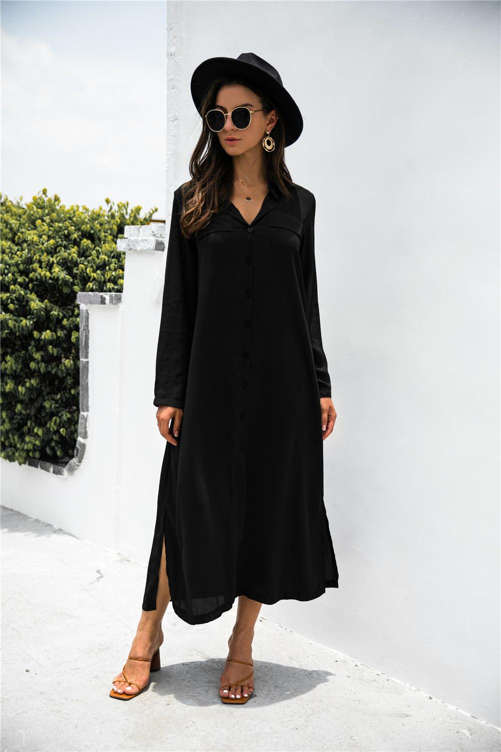 Button Down Side Slit Shirt Midi Dress BLUE ZONE PLANET