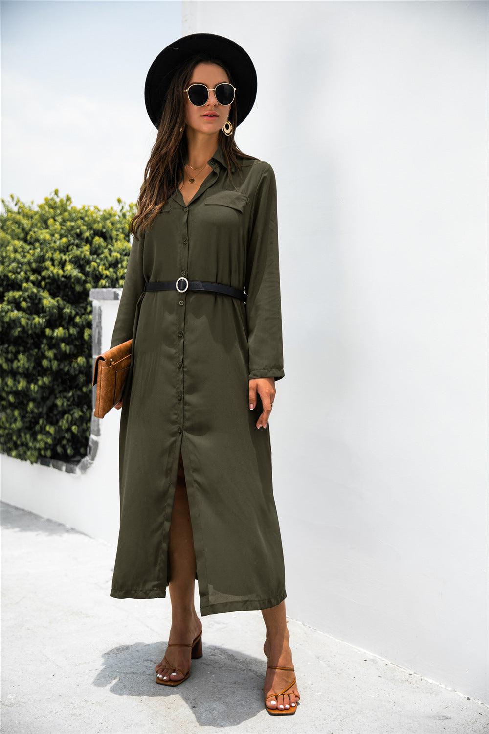 Button Down Side Slit Shirt Midi Dress BLUE ZONE PLANET