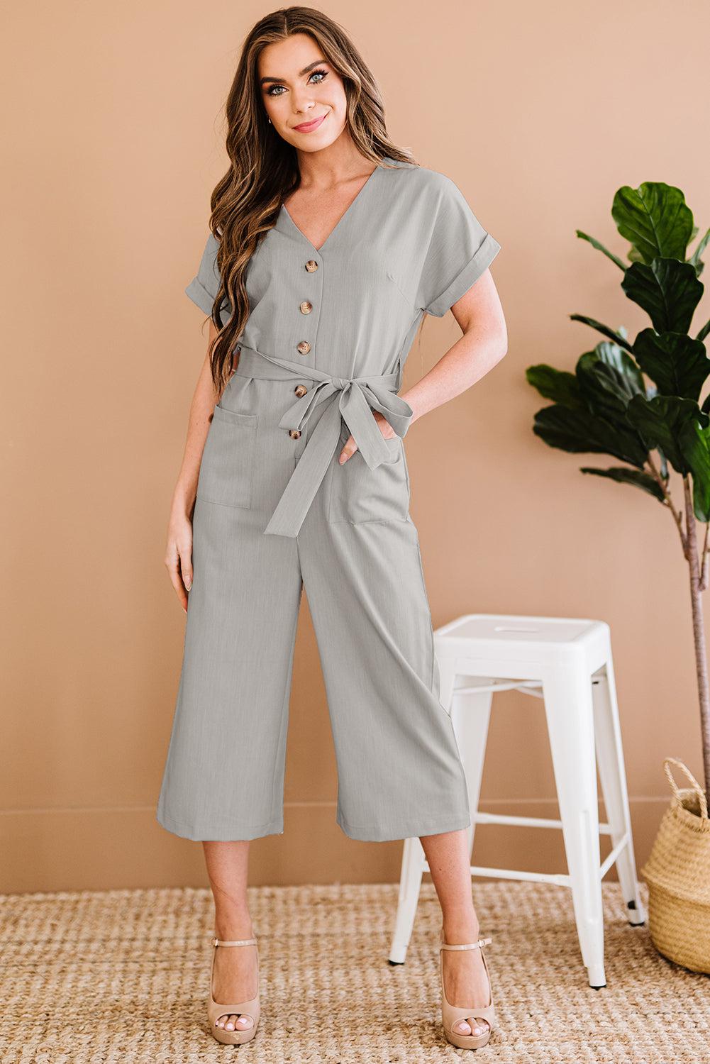 Button Front Belted Cropped Jumpsuit with Pockets BLUE ZONE PLANET