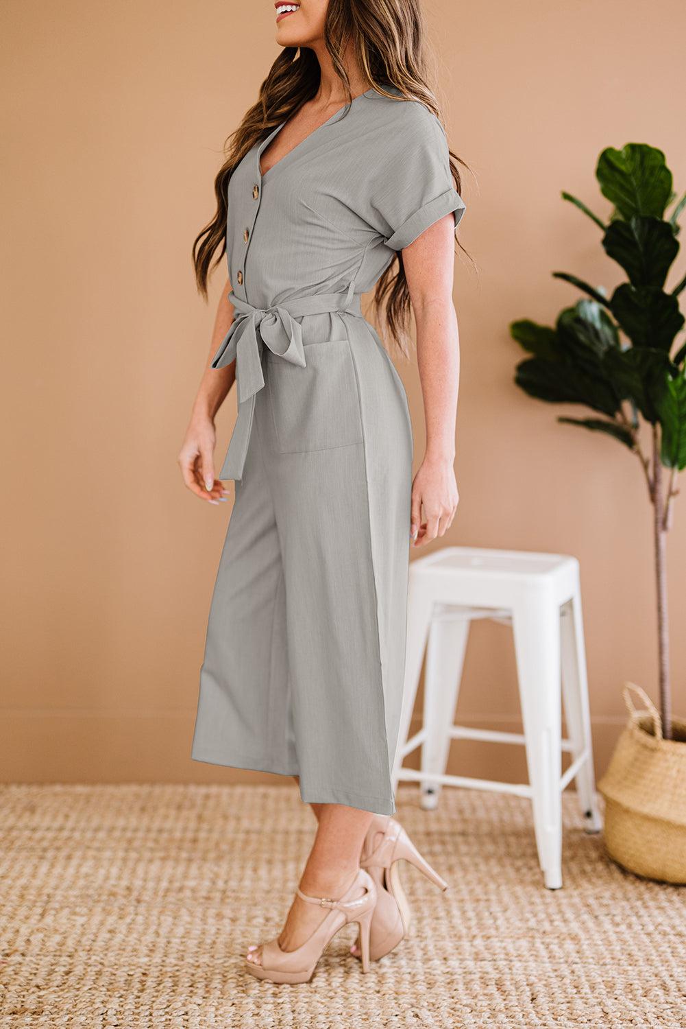 Button Front Belted Cropped Jumpsuit with Pockets BLUE ZONE PLANET