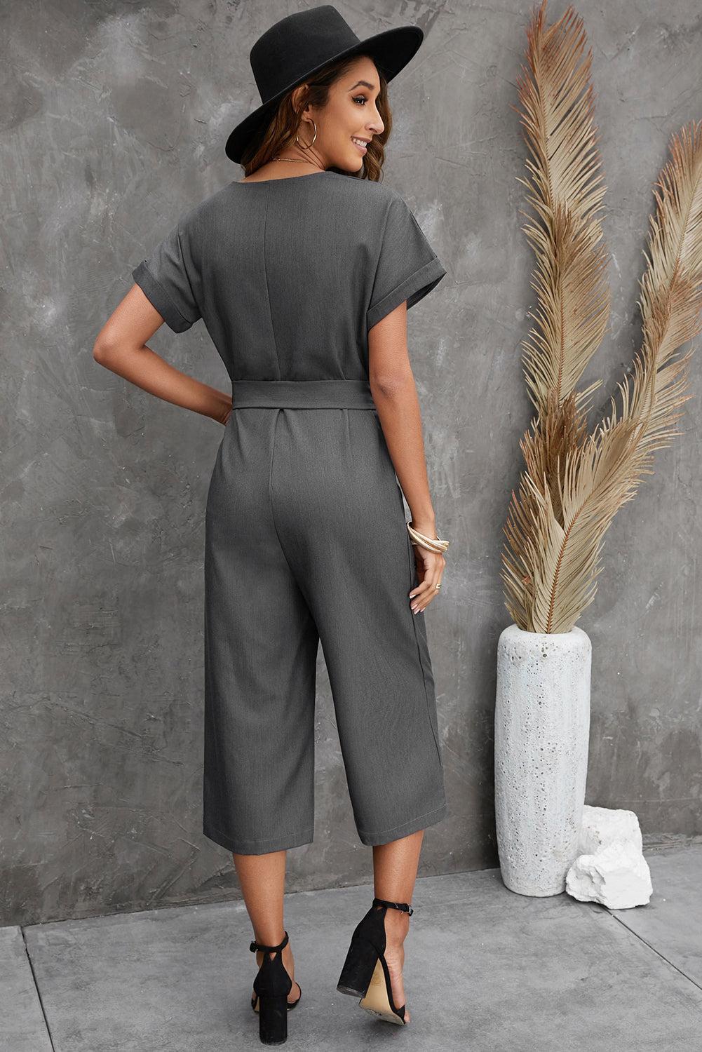 Button Front Belted Cropped Jumpsuit with Pockets BLUE ZONE PLANET