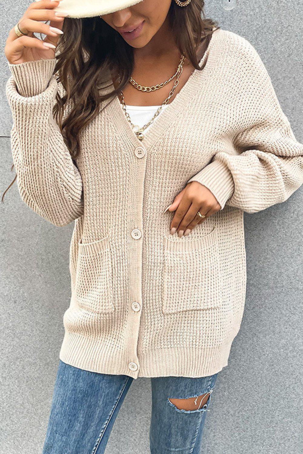 Button Front Drop Shoulder Waffle Cardigan BLUE ZONE PLANET