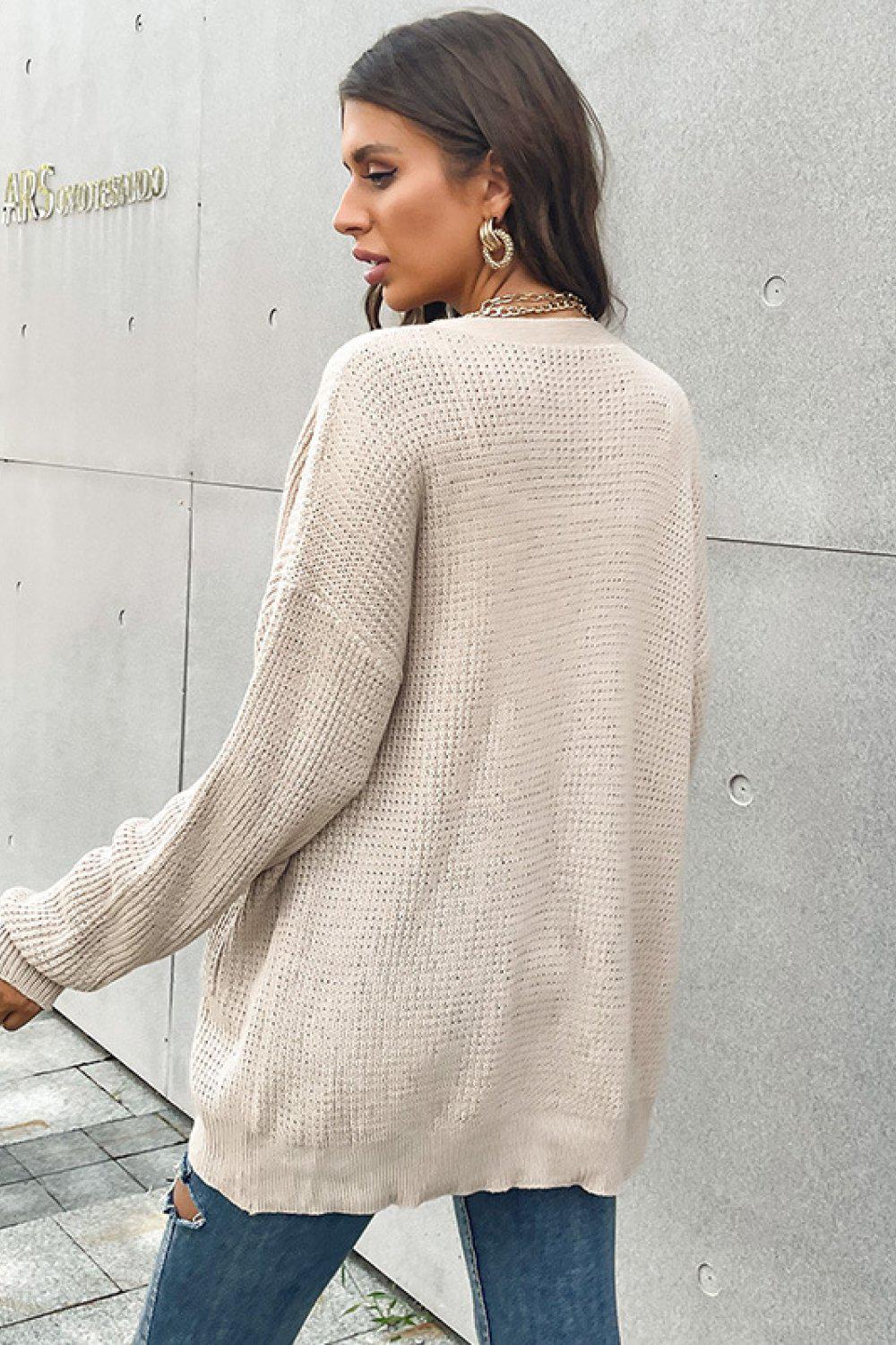 Button Front Drop Shoulder Waffle Cardigan BLUE ZONE PLANET