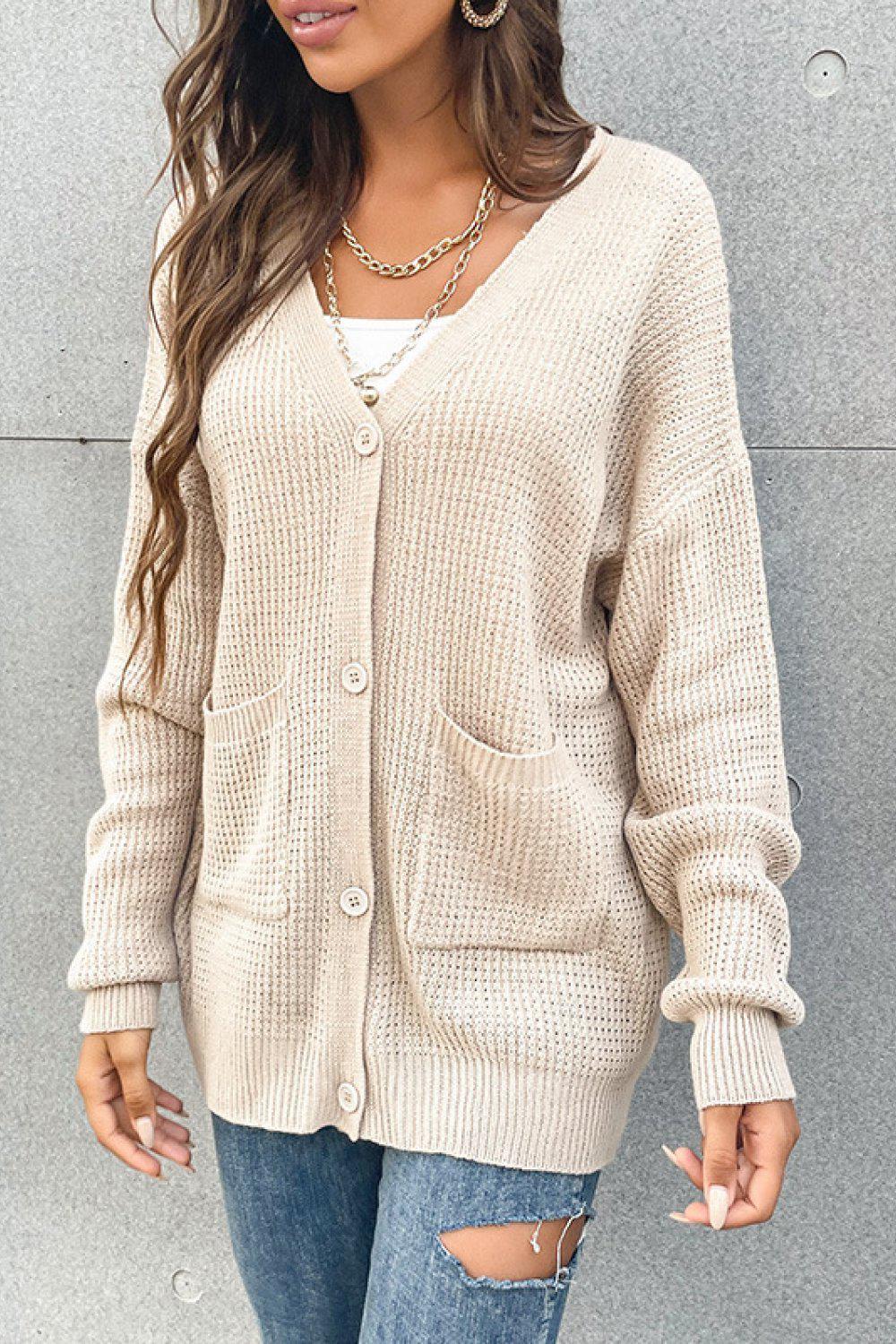 Button Front Drop Shoulder Waffle Cardigan BLUE ZONE PLANET