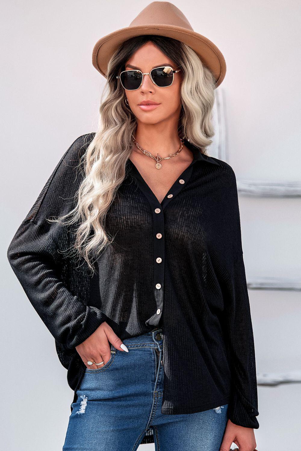 Button Front Dropped Shoulder Knit Shirt BLUE ZONE PLANET