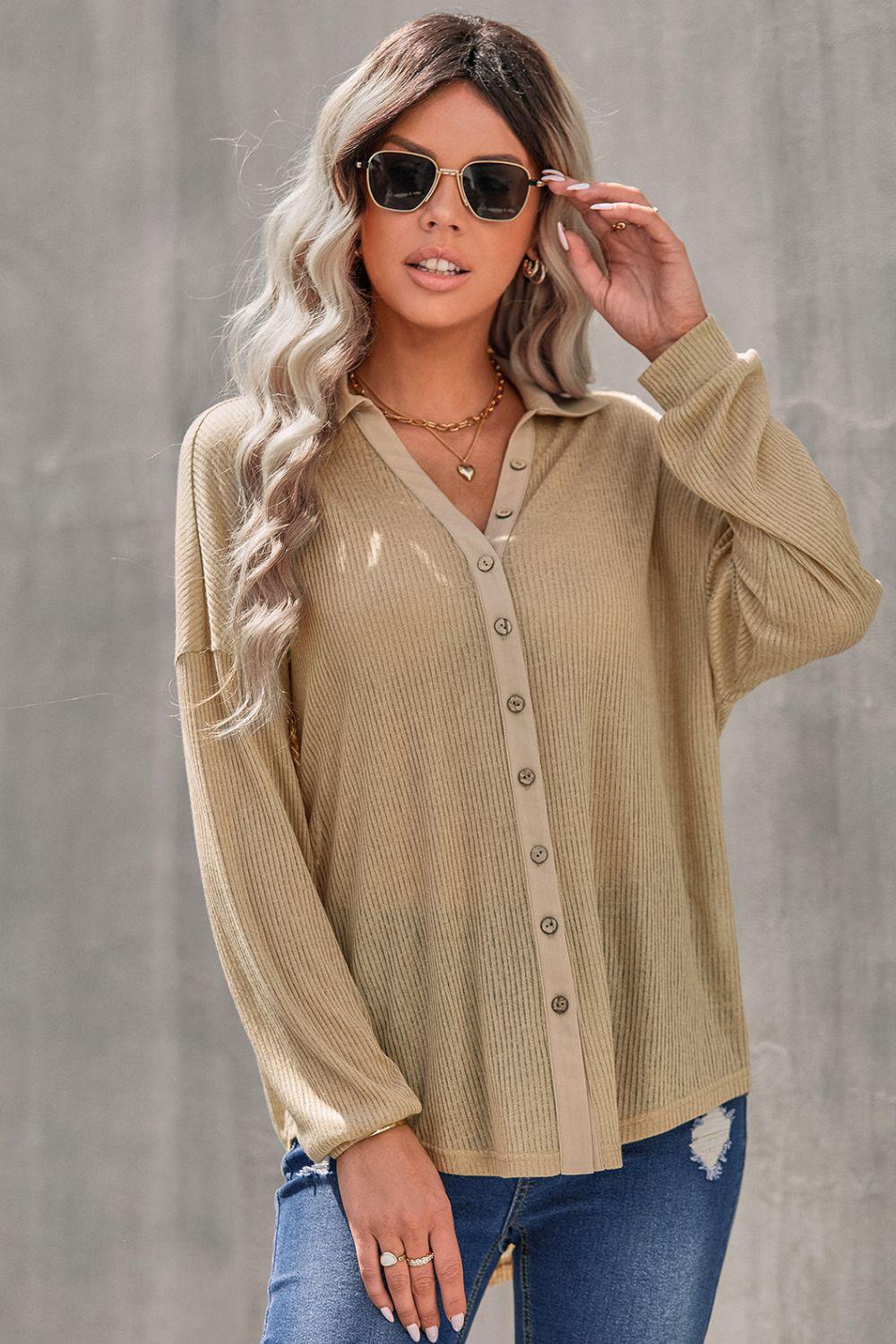 Button Front Dropped Shoulder Knit Shirt BLUE ZONE PLANET