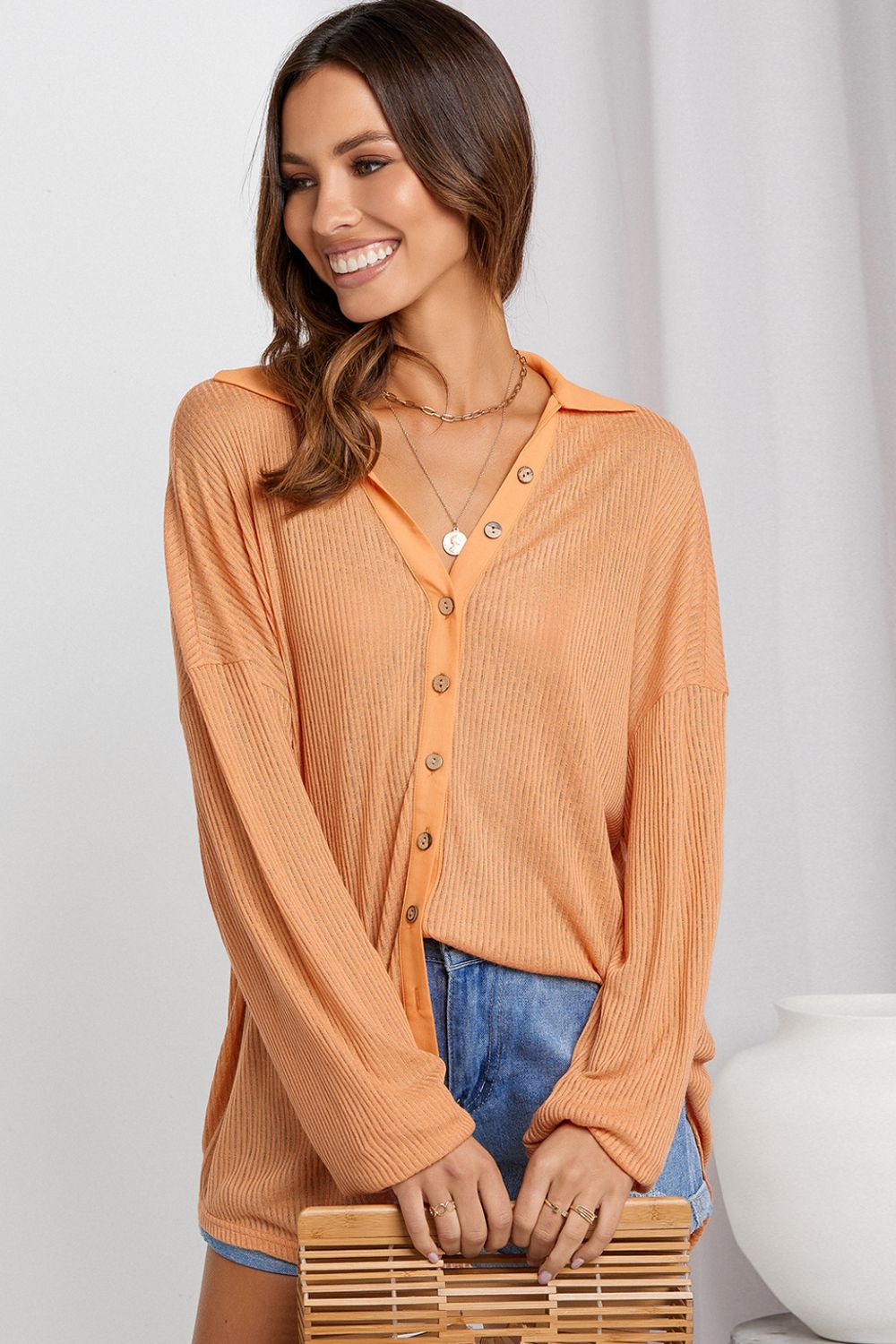 Button Front Dropped Shoulder Knit Shirt BLUE ZONE PLANET