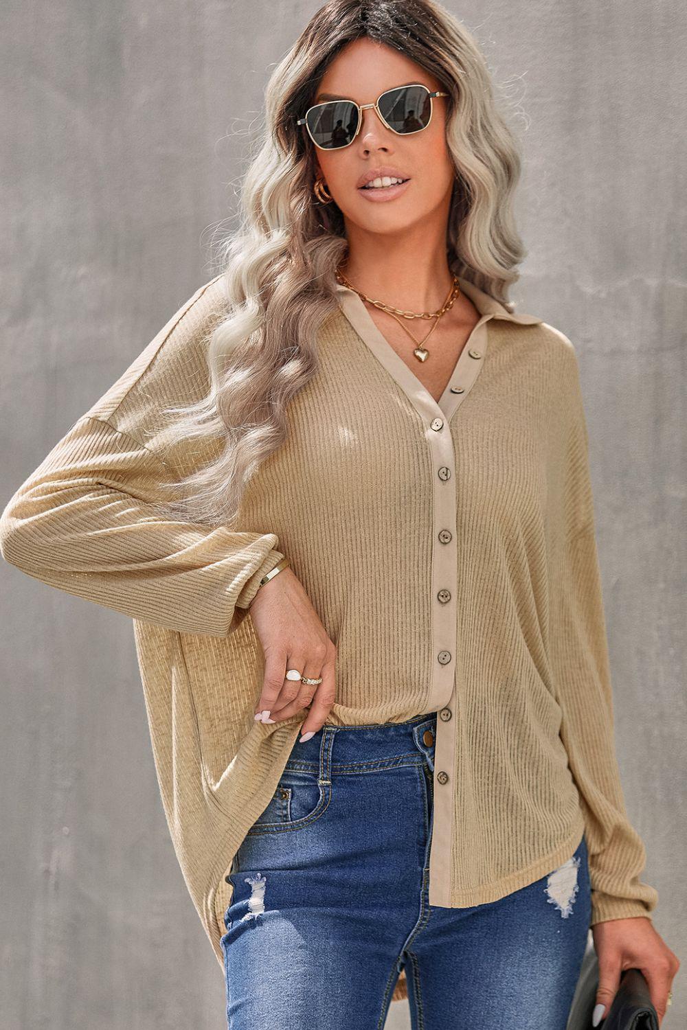 Button Front Dropped Shoulder Knit Shirt BLUE ZONE PLANET