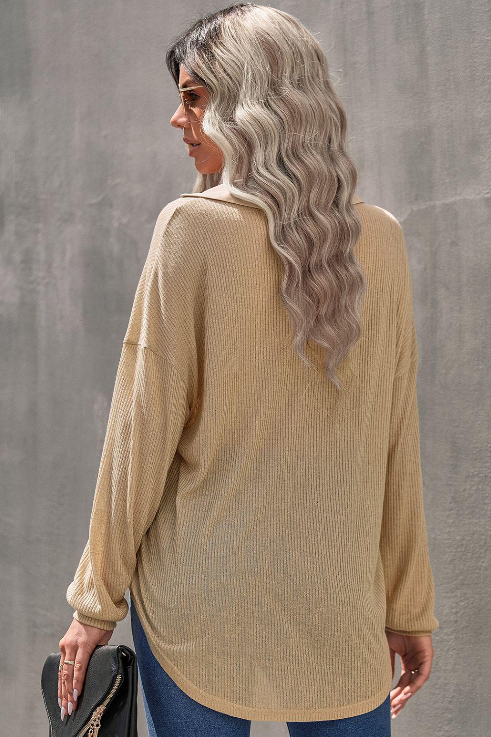 Button Front Dropped Shoulder Knit Shirt BLUE ZONE PLANET