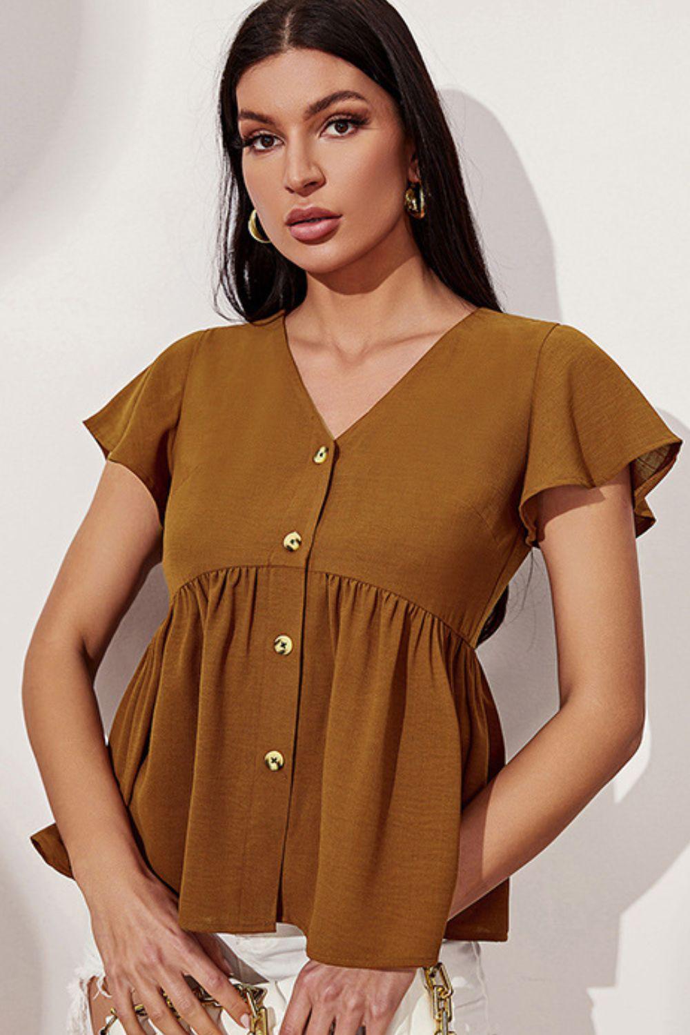 Button Front Flutter Sleeve Babydoll Blouse BLUE ZONE PLANET