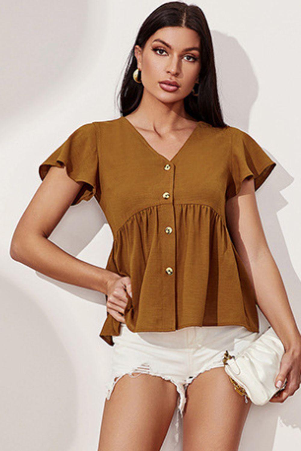 Button Front Flutter Sleeve Babydoll Blouse BLUE ZONE PLANET