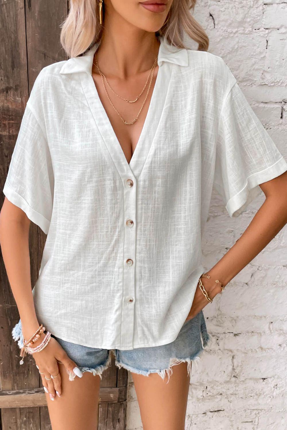 Button Front Johnny Collared Blouse BLUE ZONE PLANET