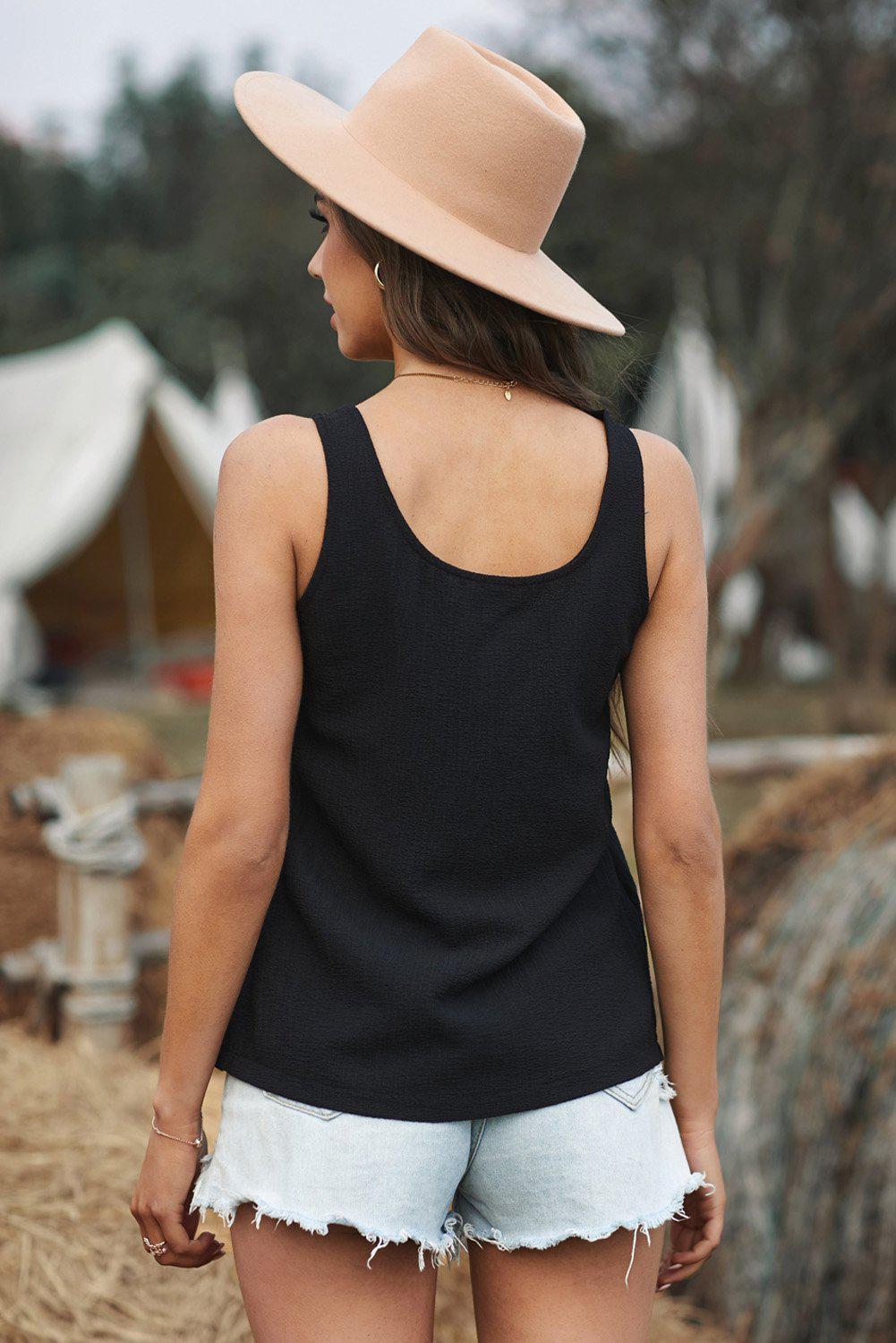 Button Textured Cotton Tank Top BLUE ZONE PLANET
