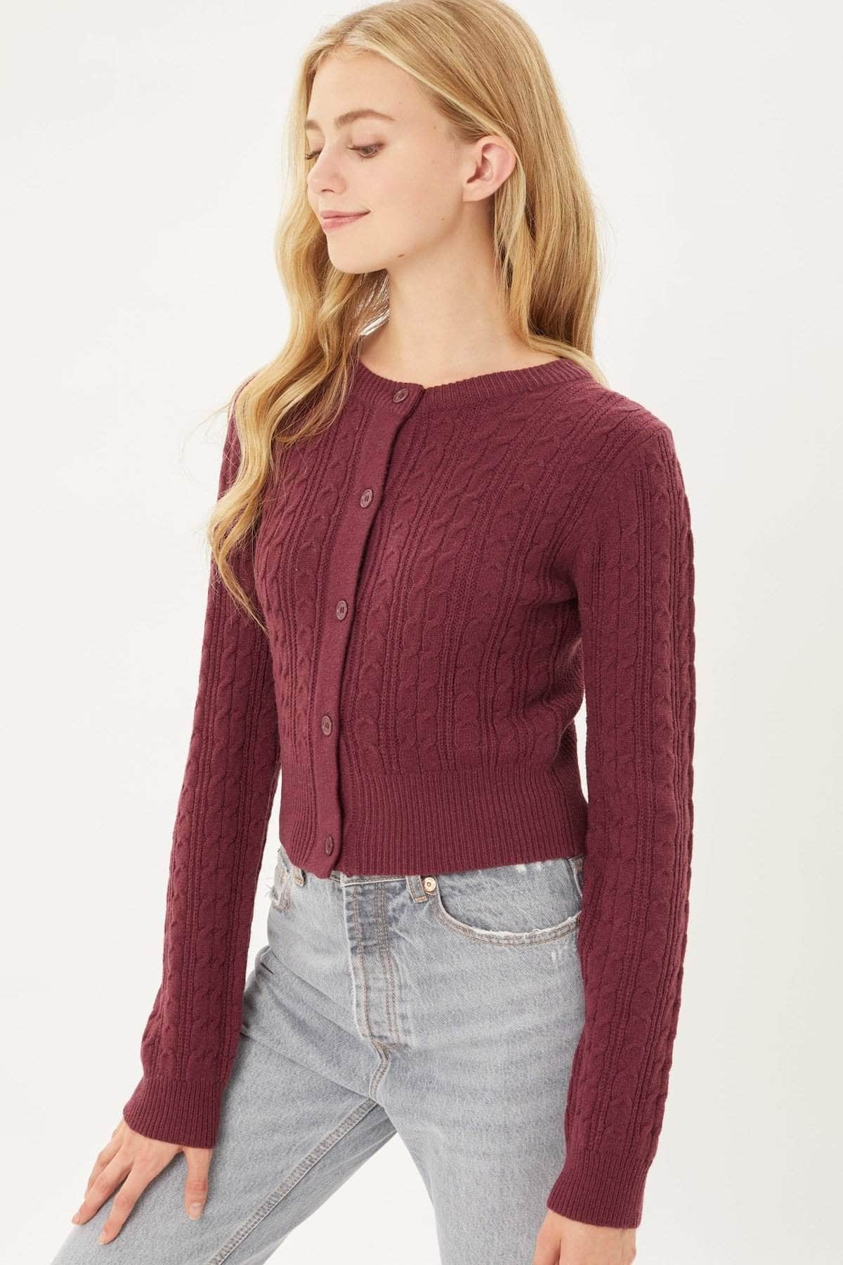 Buttoned Cable Knit Cardigan Long Sleeve Sweater Blue Zone Planet