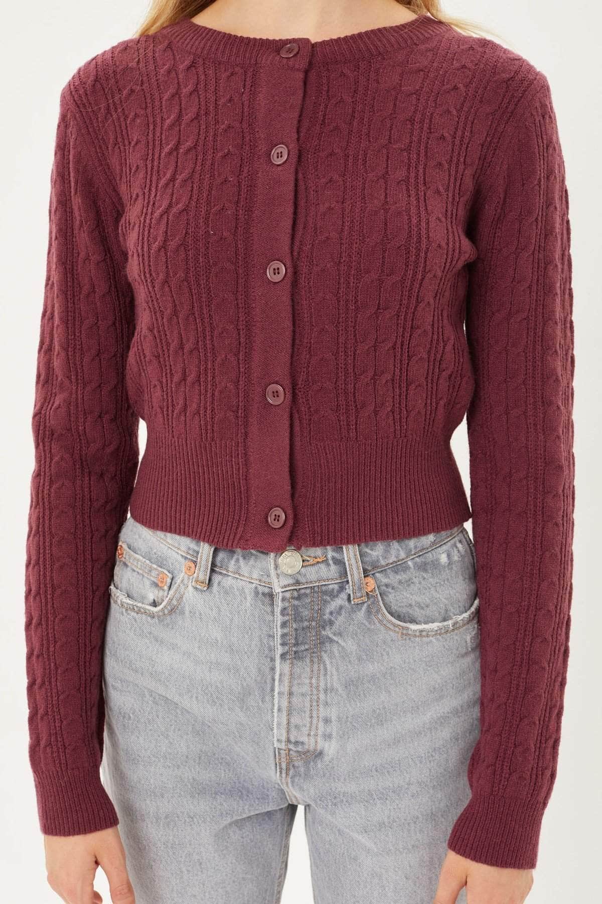 Buttoned Cable Knit Cardigan Long Sleeve Sweater Blue Zone Planet