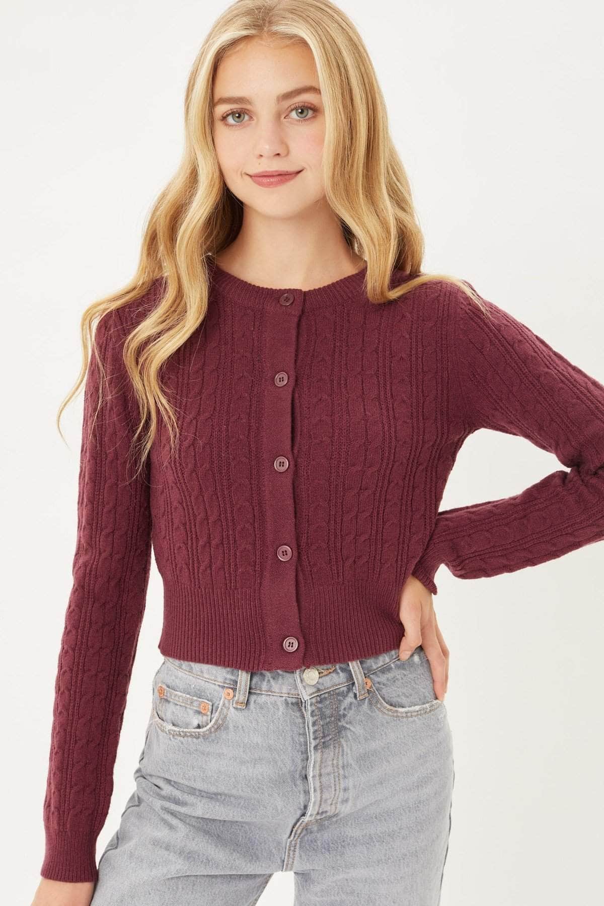 Buttoned Cable Knit Cardigan Long Sleeve Sweater Blue Zone Planet