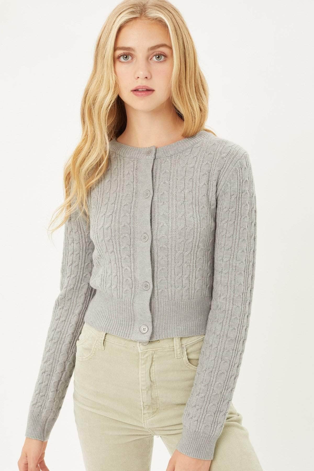 Buttoned Cable Knit Cardigan Long Sleeve Sweater Blue Zone Planet
