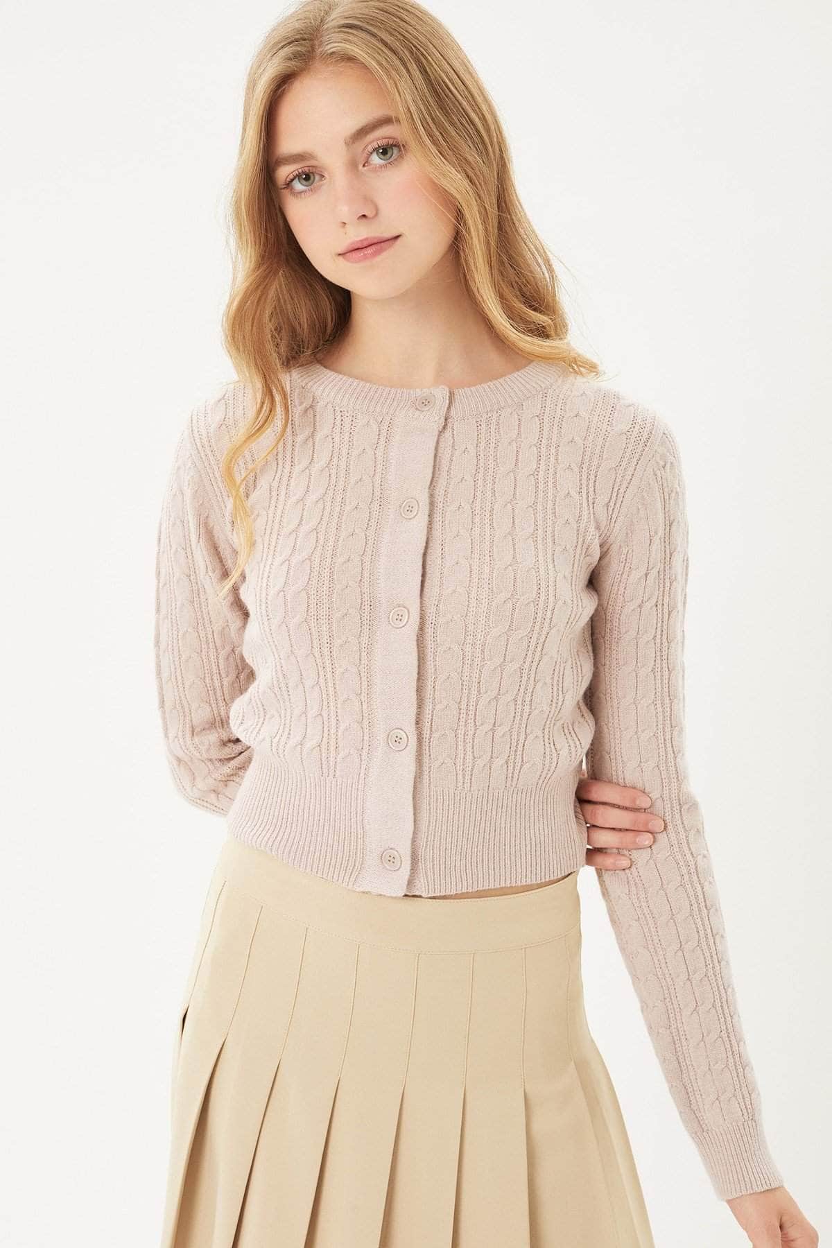 Buttoned Cable Knit Cardigan Long Sleeve Sweater Blue Zone Planet