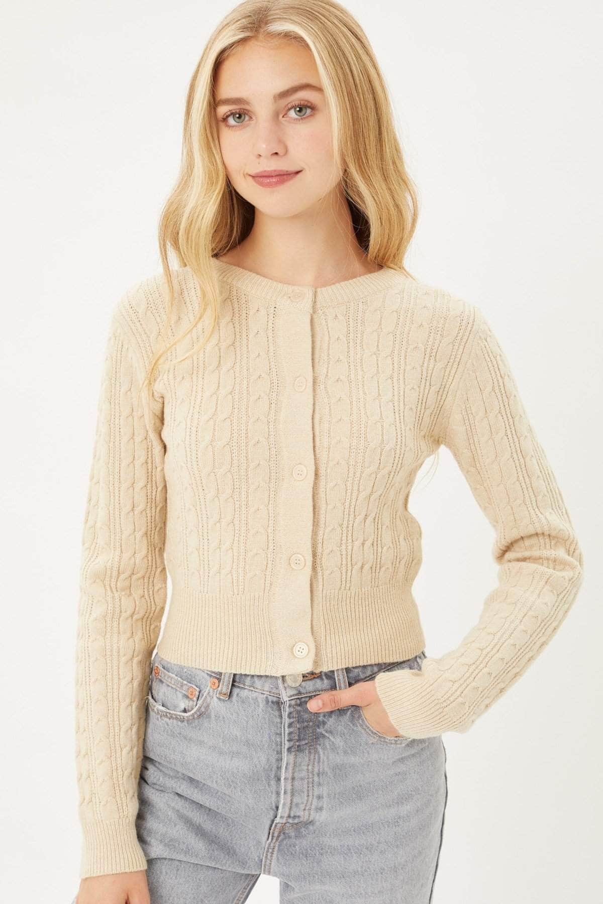Buttoned Cable Knit Cardigan Long Sleeve Sweater Blue Zone Planet