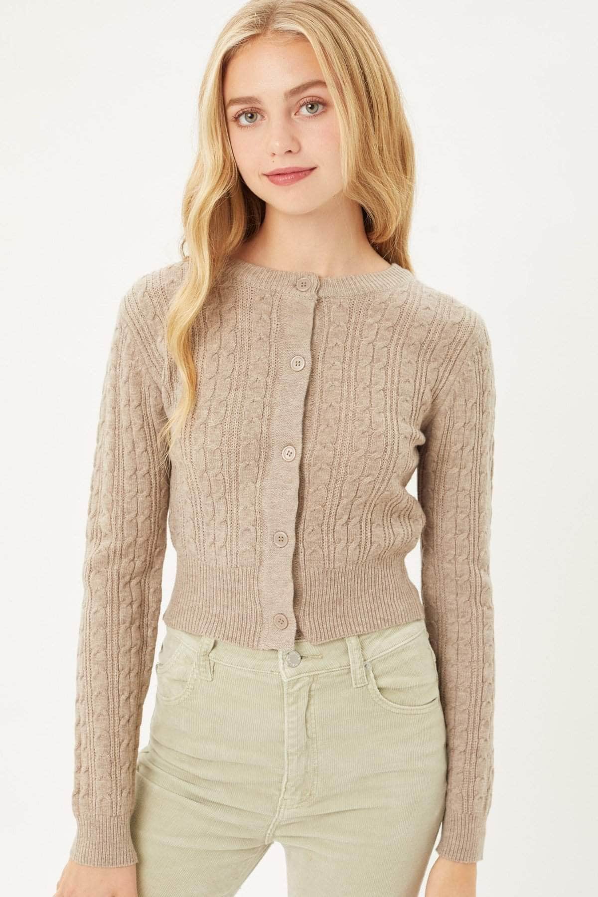 Buttoned Cable Knit Cardigan Long Sleeve Sweater Blue Zone Planet