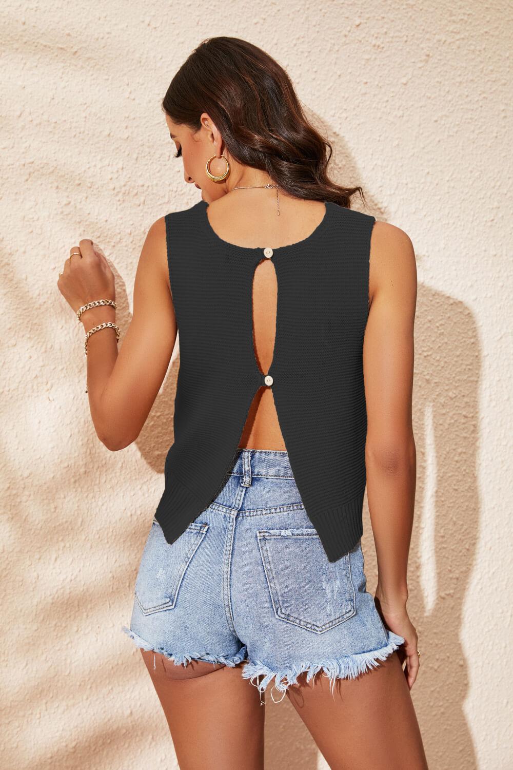 Buttoned Cutout Ribbed Trim Knit Tank BLUE ZONE PLANET