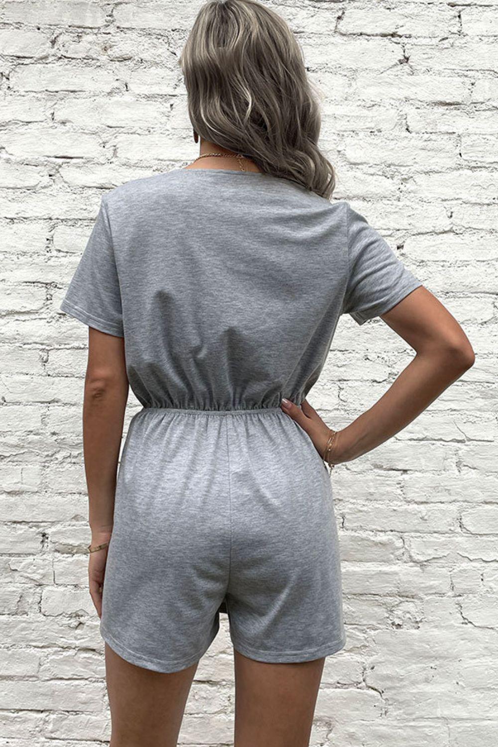 Buttoned Drawstring Round Neck Romper BLUE ZONE PLANET