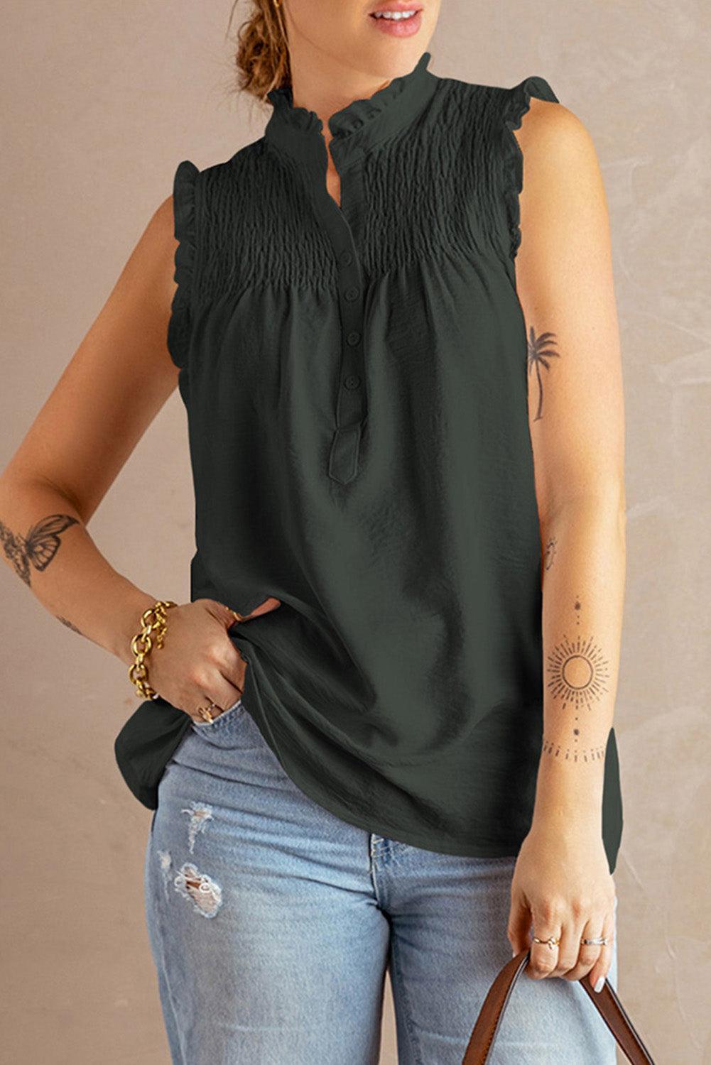 Buttoned Frill Trim Smocked Sleeveless Blouse BLUE ZONE PLANET