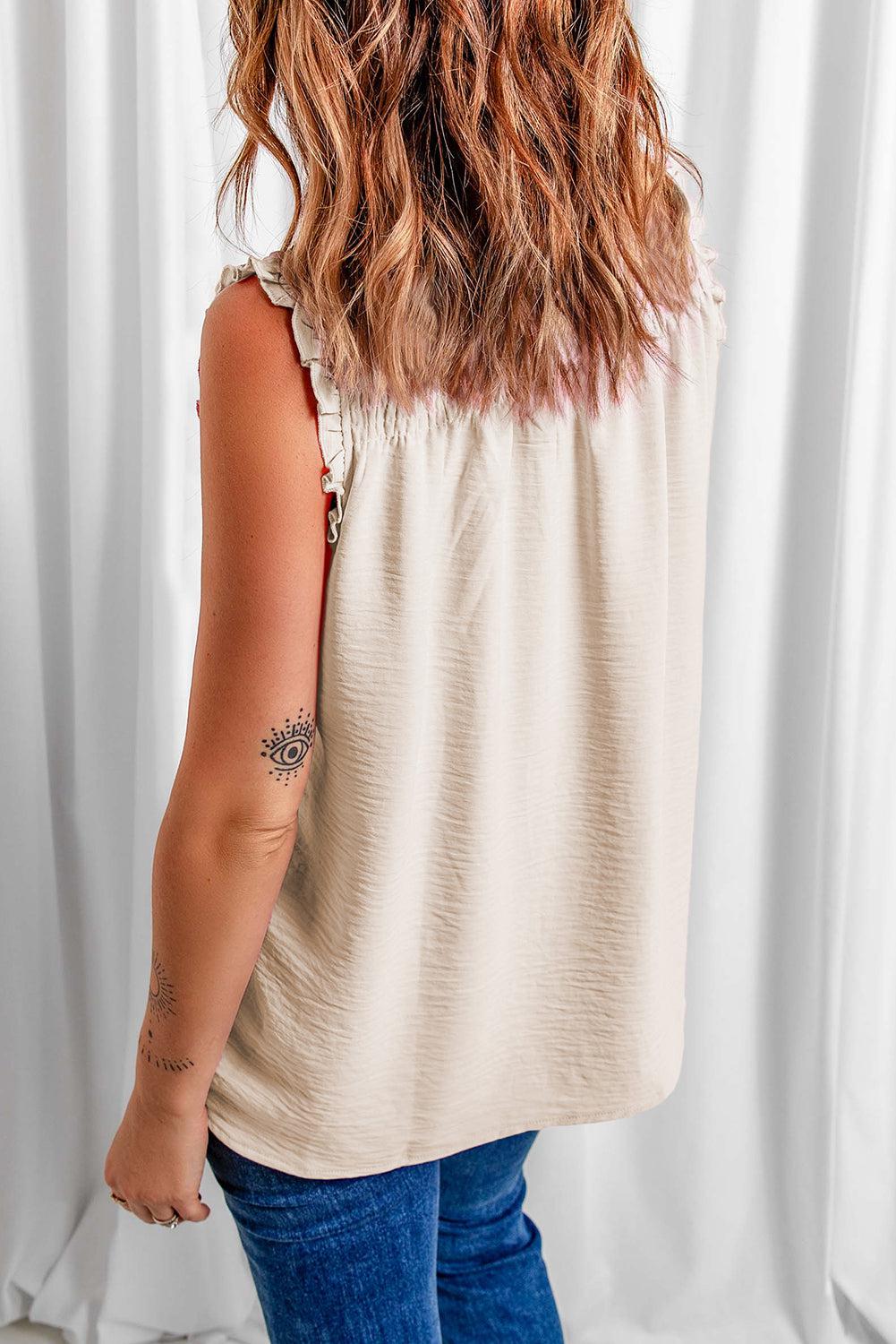 Buttoned Frill Trim Smocked Sleeveless Blouse BLUE ZONE PLANET