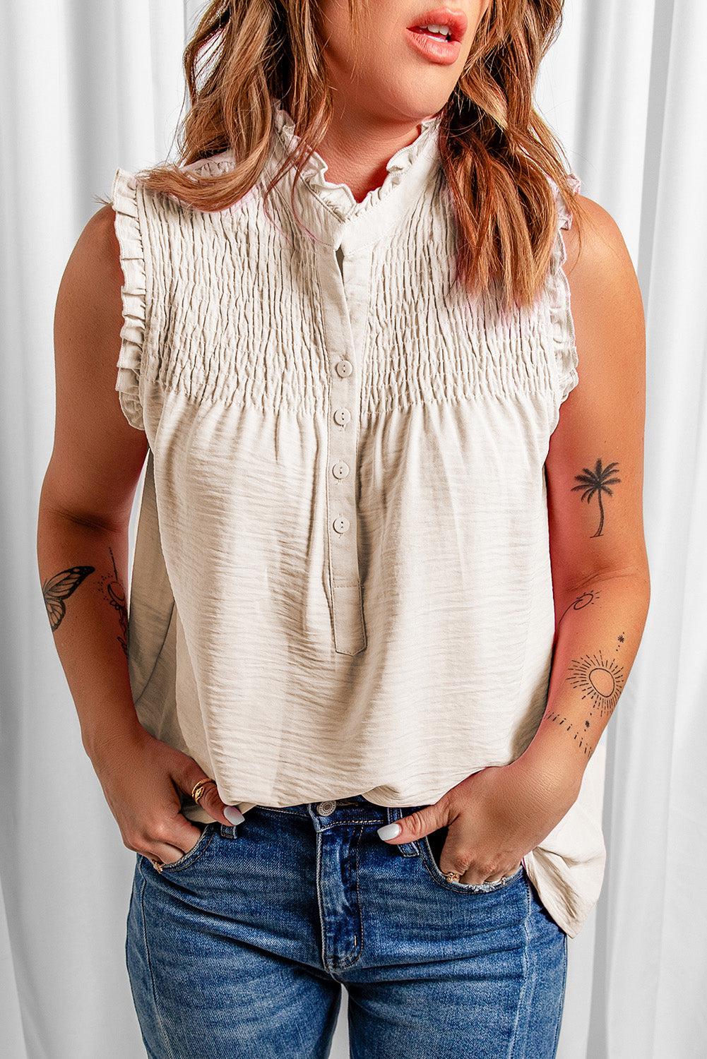 Buttoned Frill Trim Smocked Sleeveless Blouse BLUE ZONE PLANET