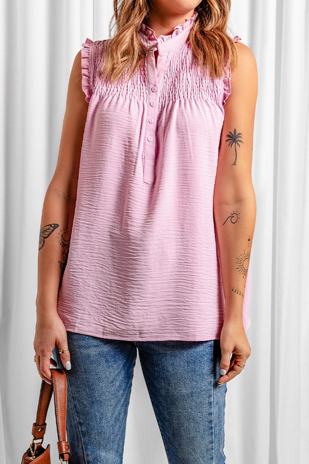 Buttoned Frill Trim Smocked Sleeveless Blouse BLUE ZONE PLANET