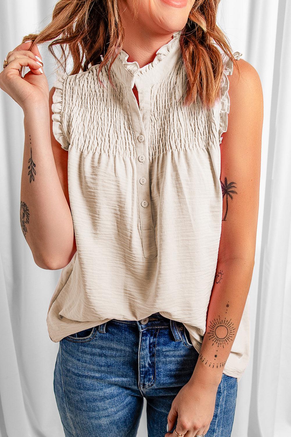 Buttoned Frill Trim Smocked Sleeveless Blouse BLUE ZONE PLANET