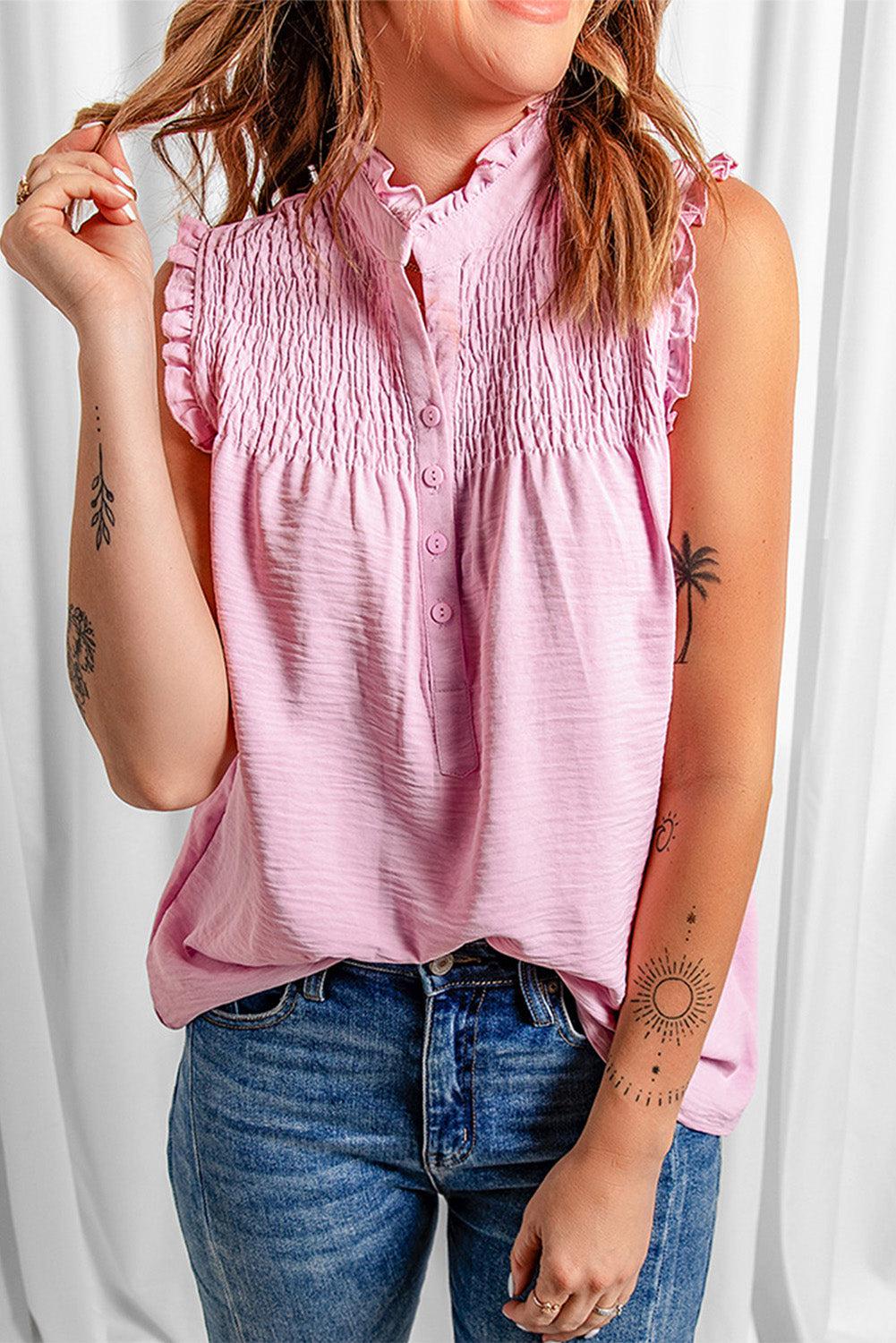 Buttoned Frill Trim Smocked Sleeveless Blouse BLUE ZONE PLANET