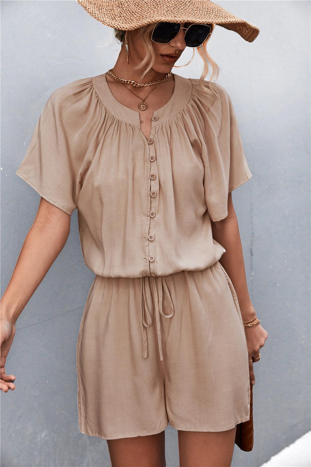 Buttoned Gather Detail Romper BLUE ZONE PLANET