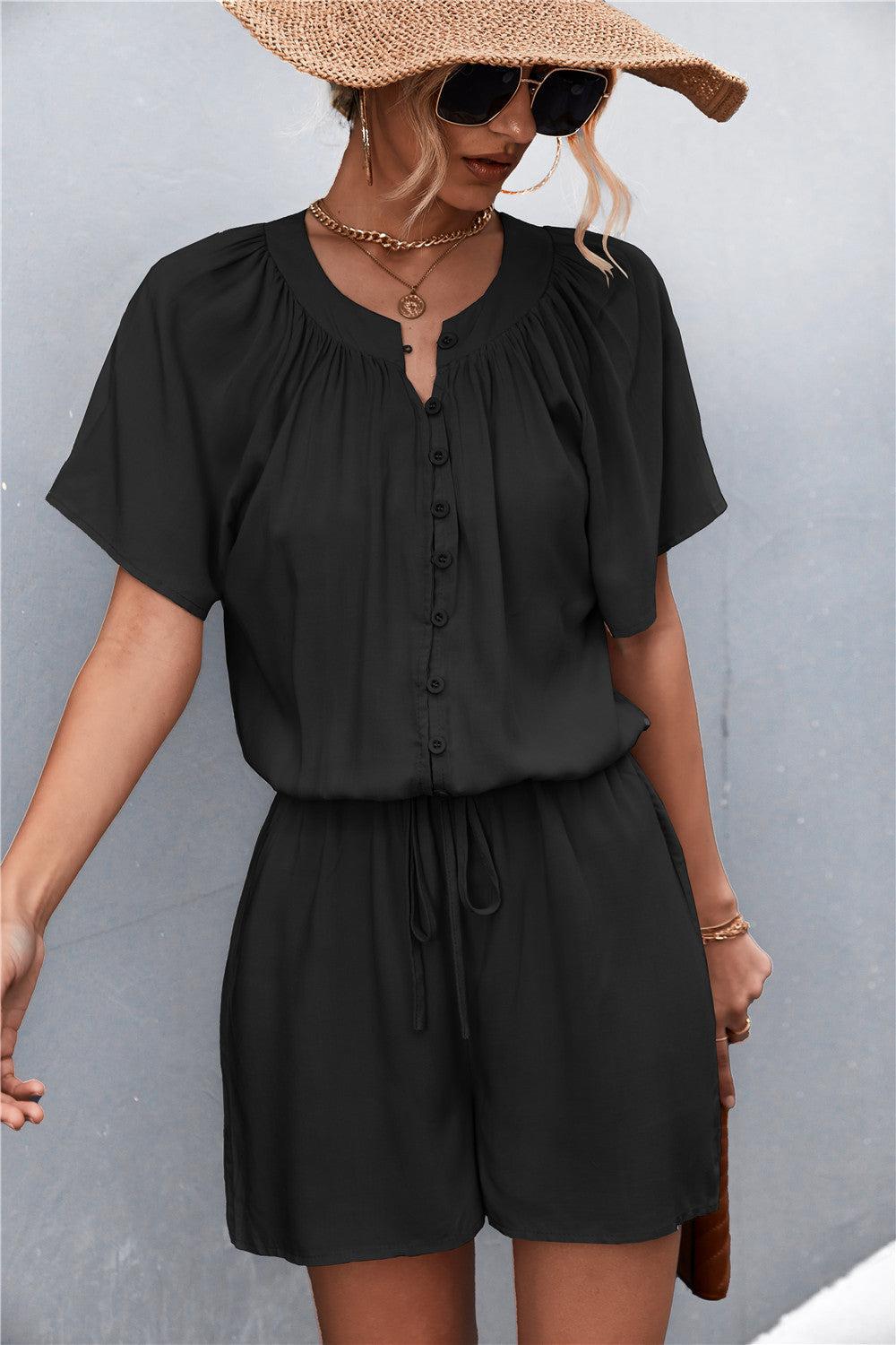 Buttoned Gather Detail Romper BLUE ZONE PLANET