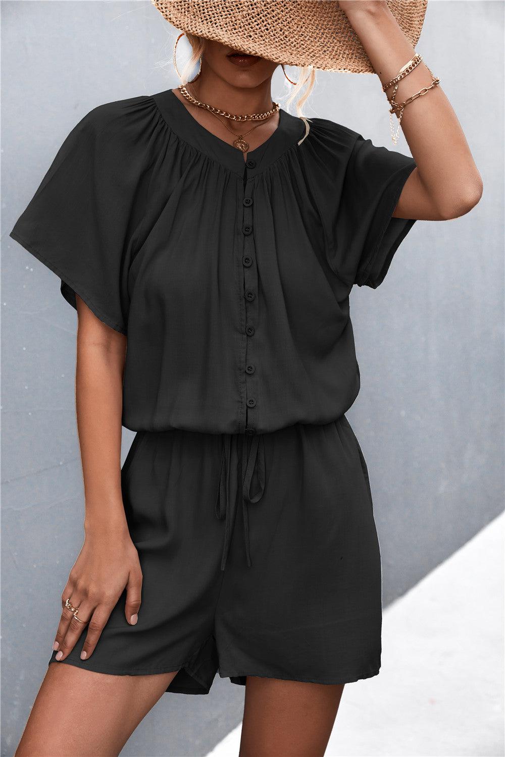 Buttoned Gather Detail Romper BLUE ZONE PLANET