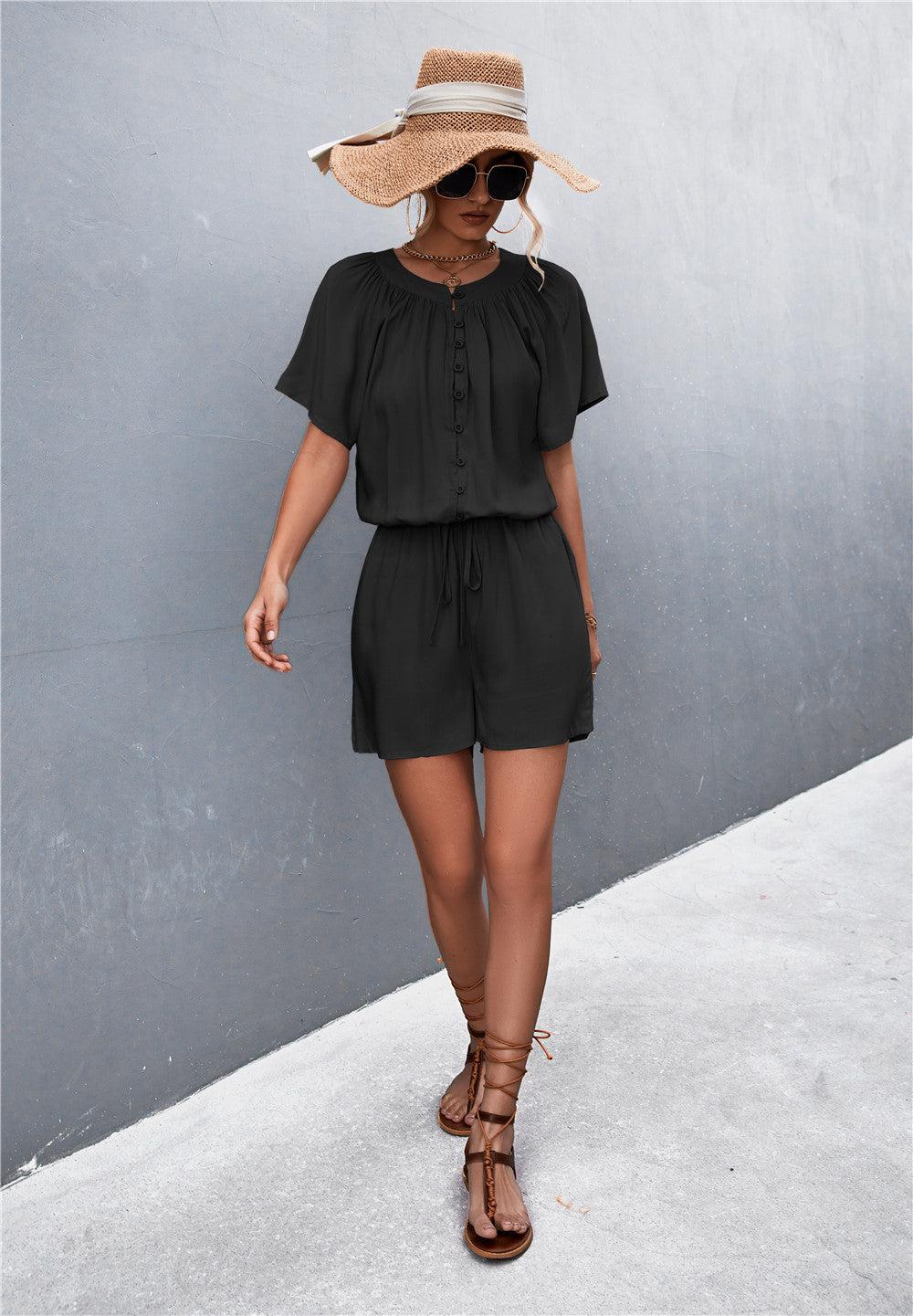 Buttoned Gather Detail Romper BLUE ZONE PLANET
