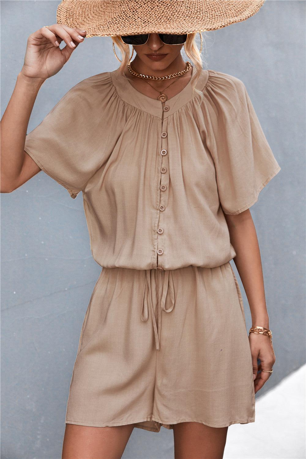Buttoned Gather Detail Romper BLUE ZONE PLANET