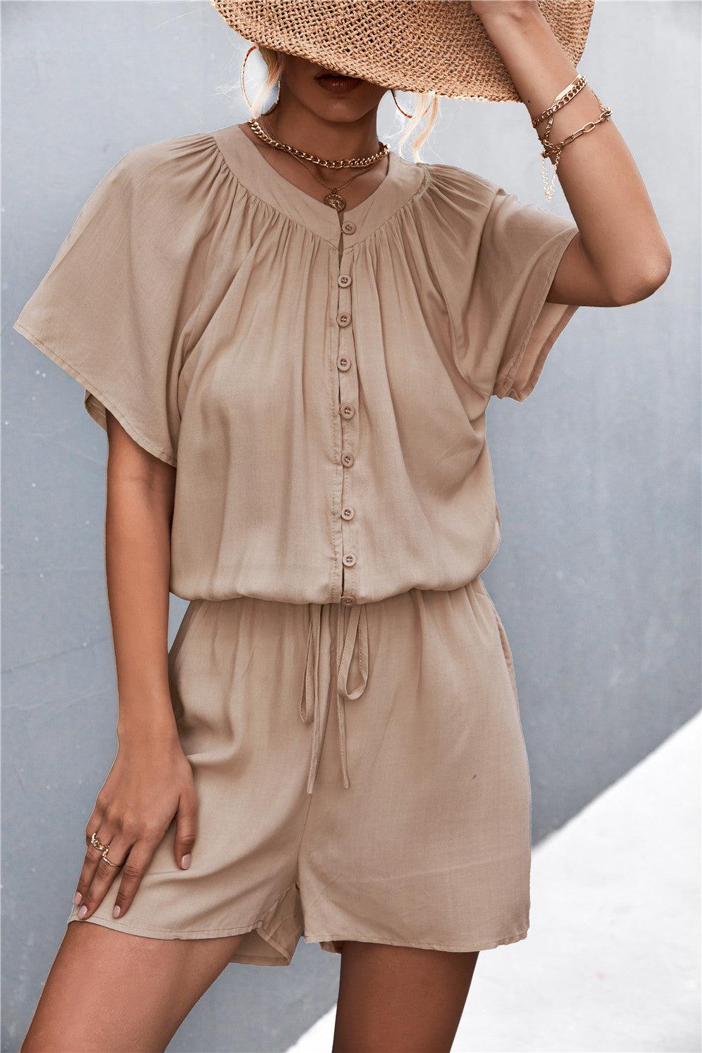 Buttoned Gather Detail Romper BLUE ZONE PLANET