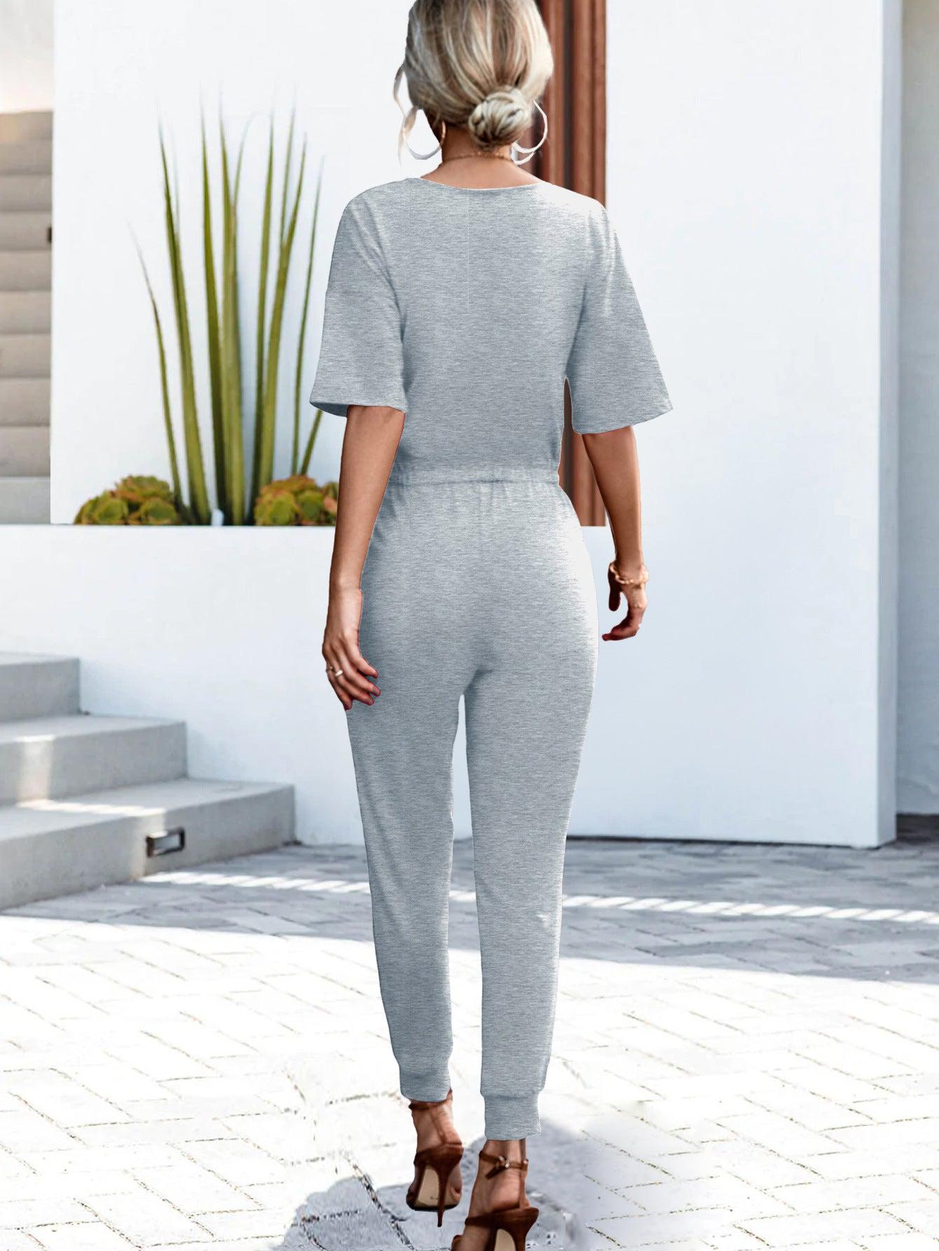 Buttoned Half Sleeve Round Neck Jumpsuit BLUE ZONE PLANET