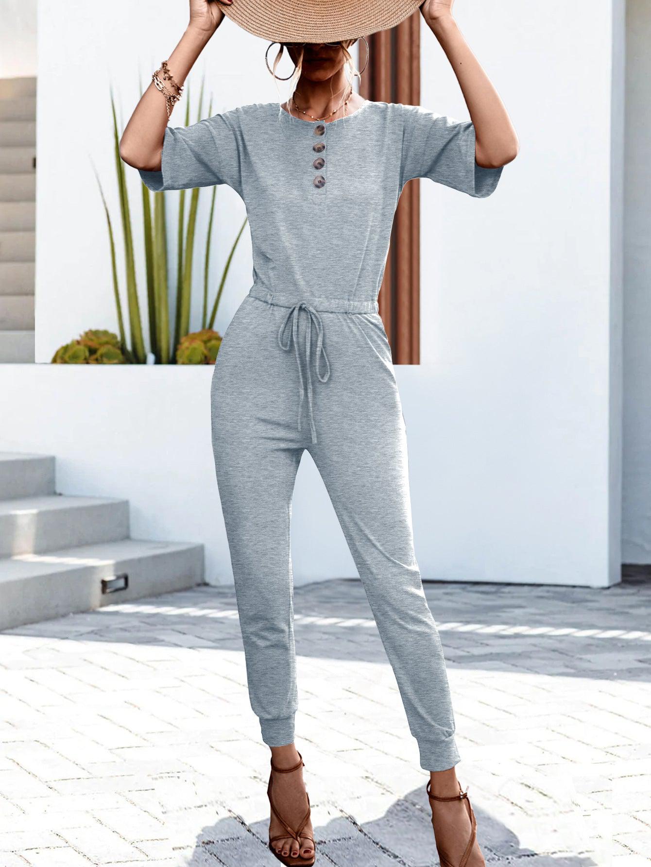 Buttoned Half Sleeve Round Neck Jumpsuit Blue Zone Planet Gray Dawn XL by Blue Zone Planet