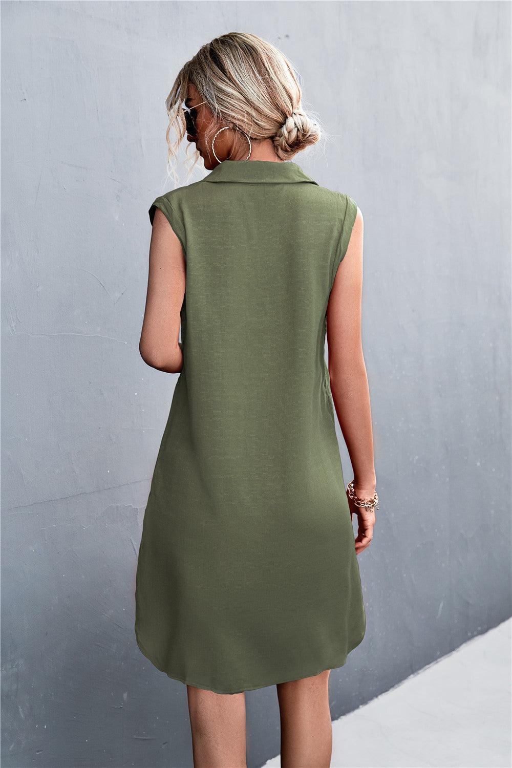 Buttoned Johnny Collar Sleeveless Dress BLUE ZONE PLANET