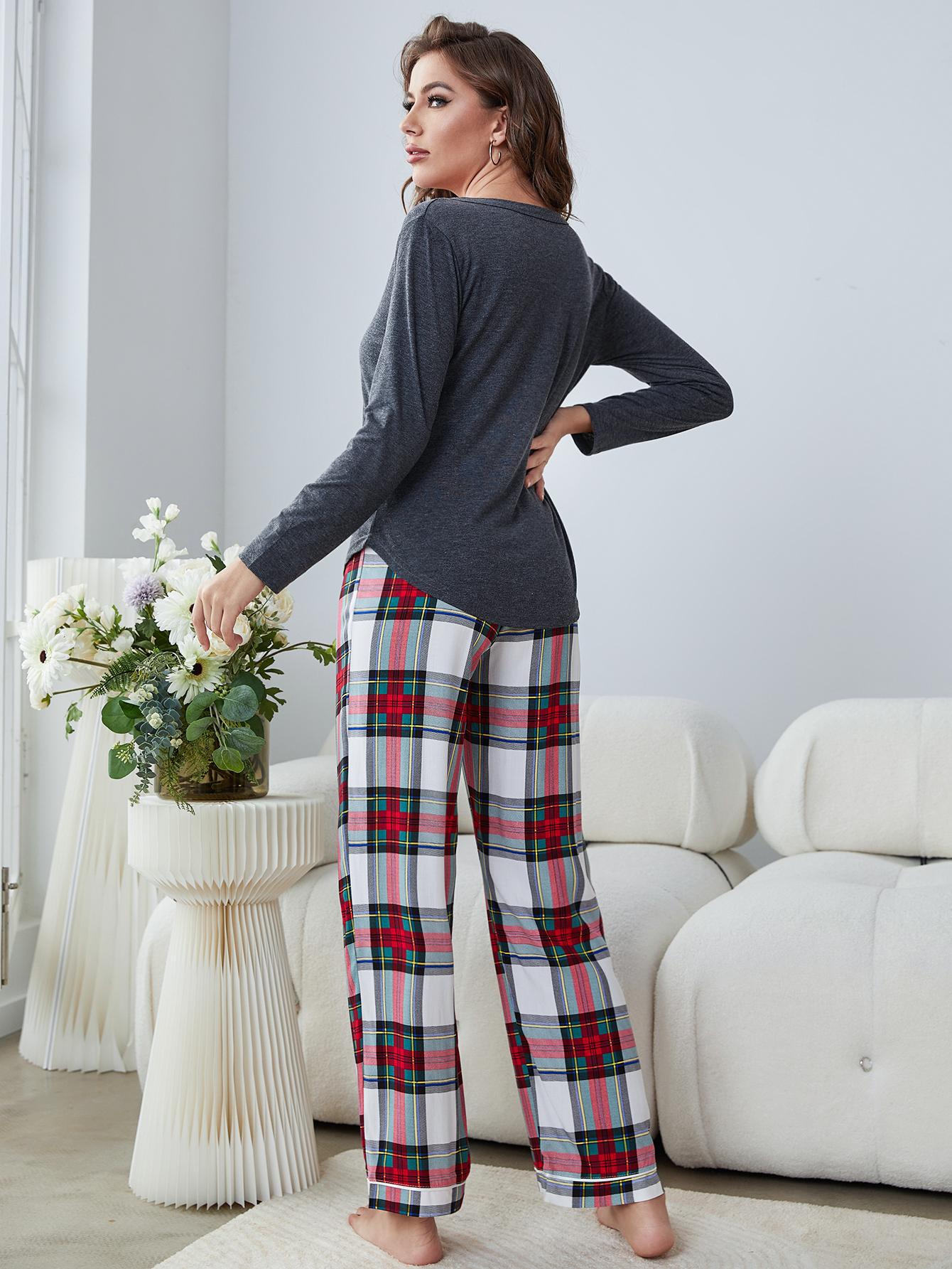 Buttoned Long Sleeve Top and Plaid Pants Lounge Set BLUE ZONE PLANET