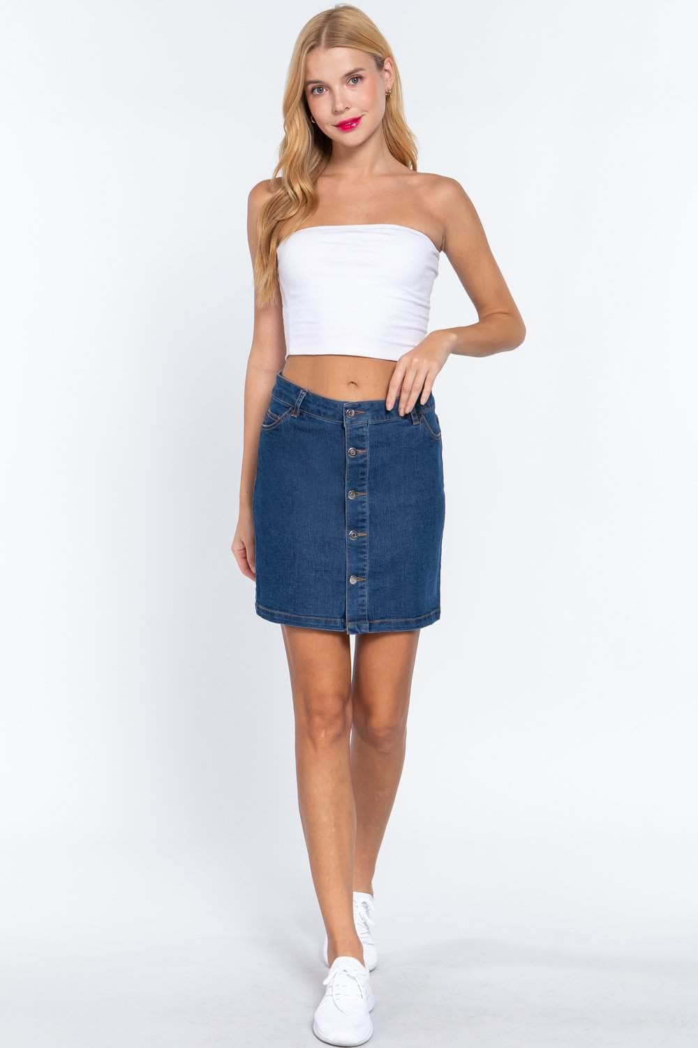 Buttoned Stretch Denim Mini Skirt Blue Zone Planet