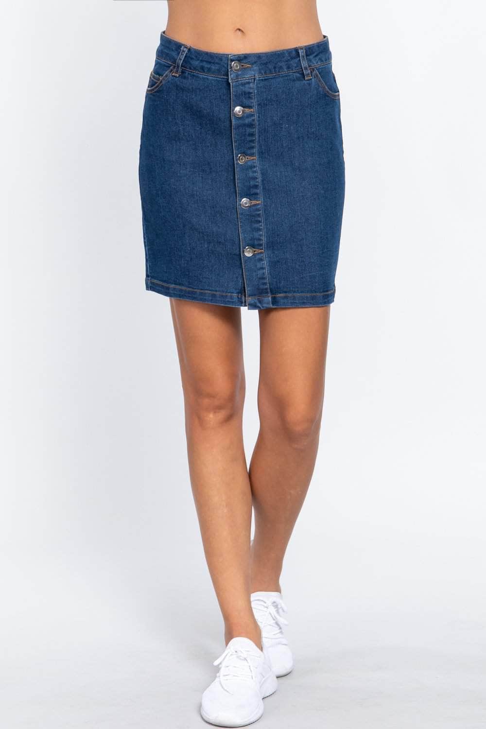 Buttoned Stretch Denim Mini Skirt Blue Zone Planet