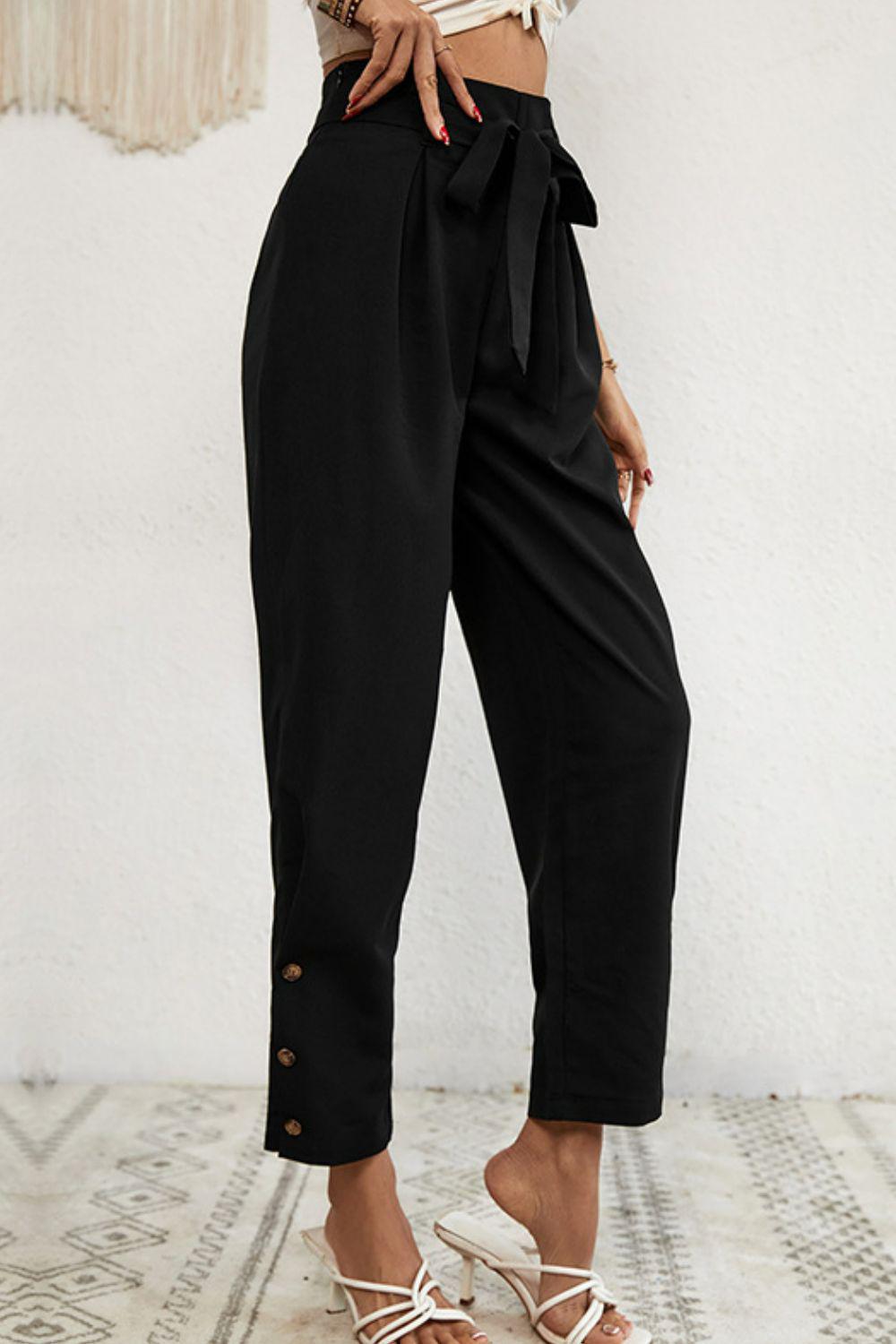 Buttoned Tie-Waist Cropped Pants BLUE ZONE PLANET