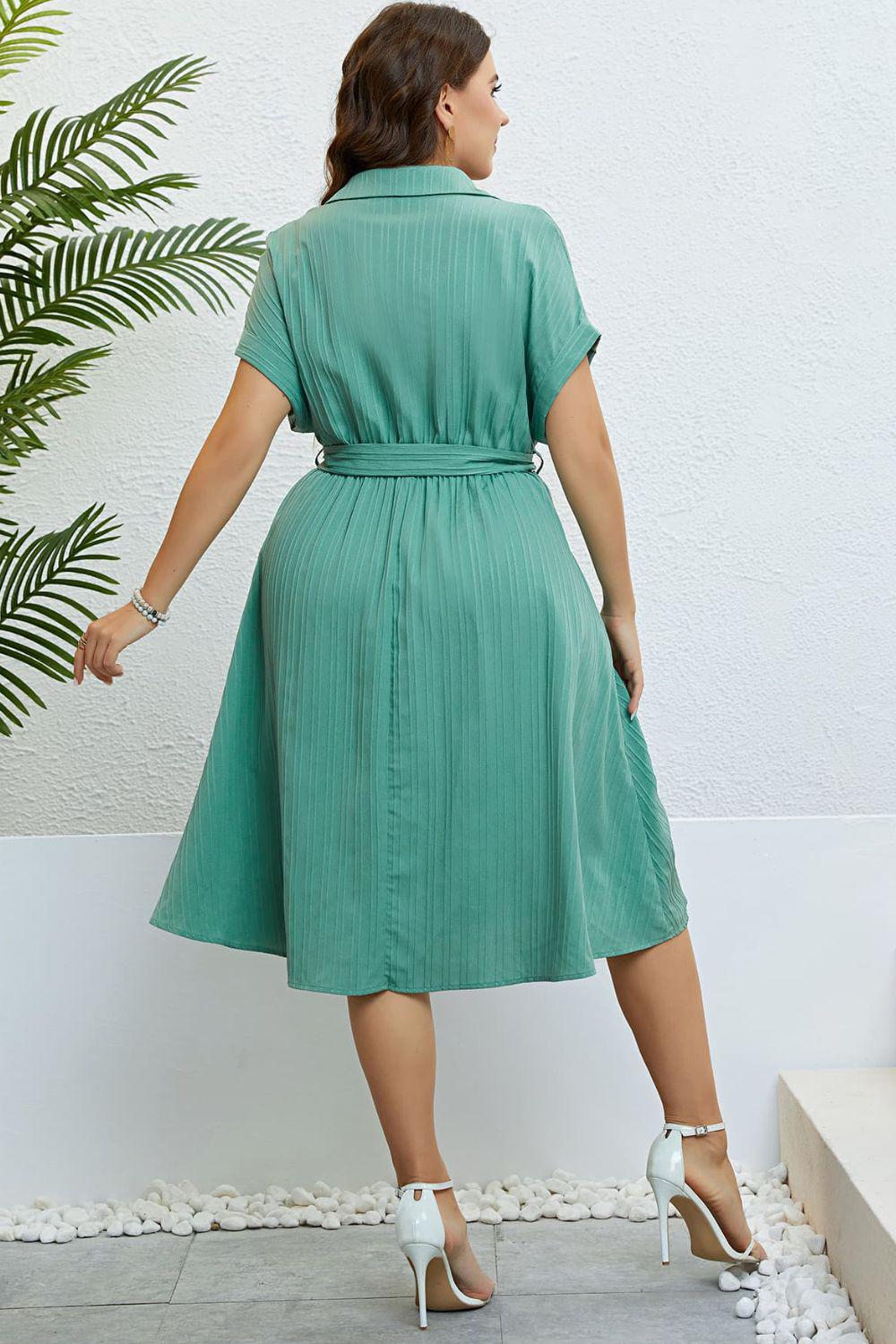 Buttoned Tie-Waist Shirt Dress BLUE ZONE PLANET