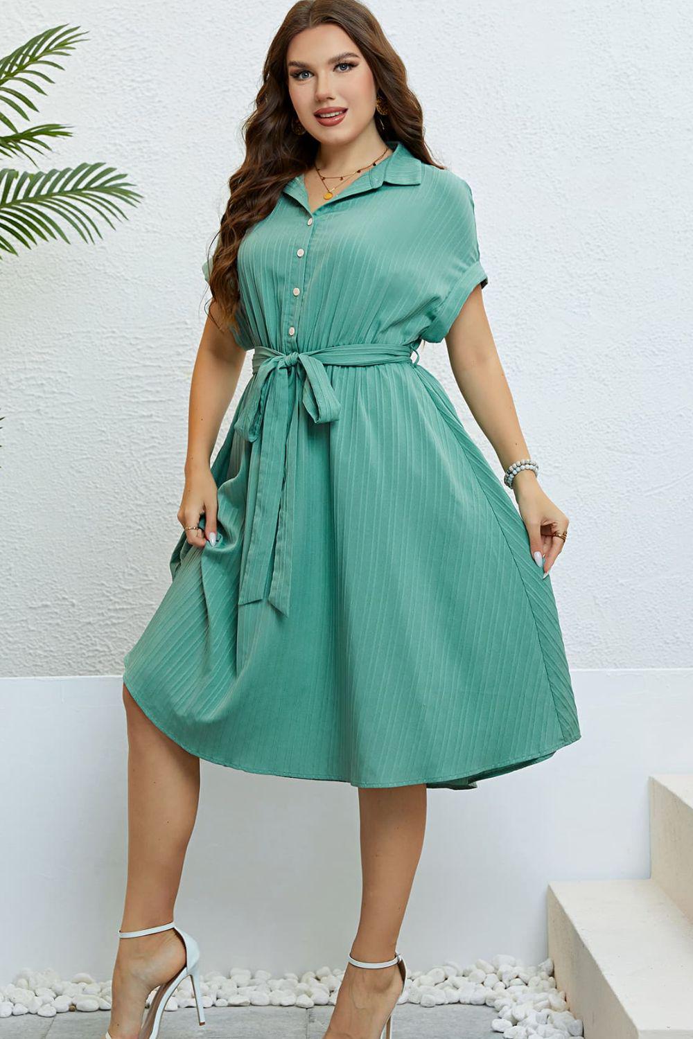 Buttoned Tie-Waist Shirt Dress BLUE ZONE PLANET