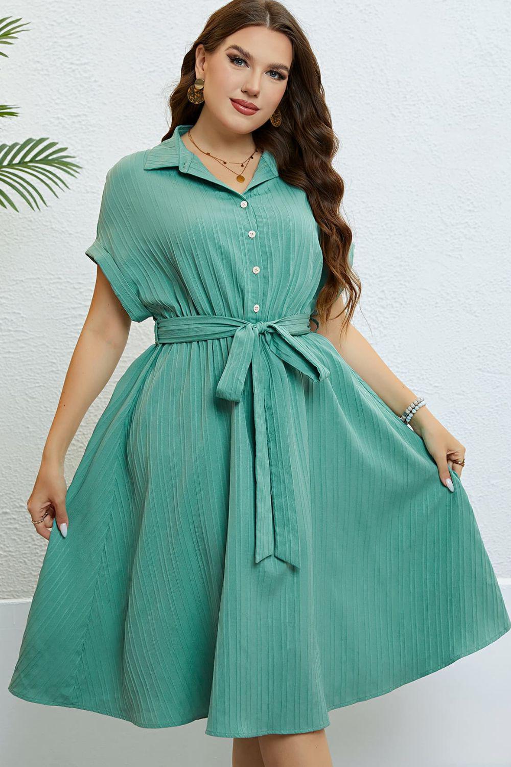 Buttoned Tie-Waist Shirt Dress BLUE ZONE PLANET